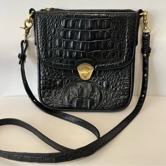 Brahmin Black Crocodile Leather Crossbody Bag Built in Wallet Kent